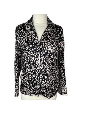 Victorias Secret Sleep Pajama Top Silky Womens Small Black Pink Button Front